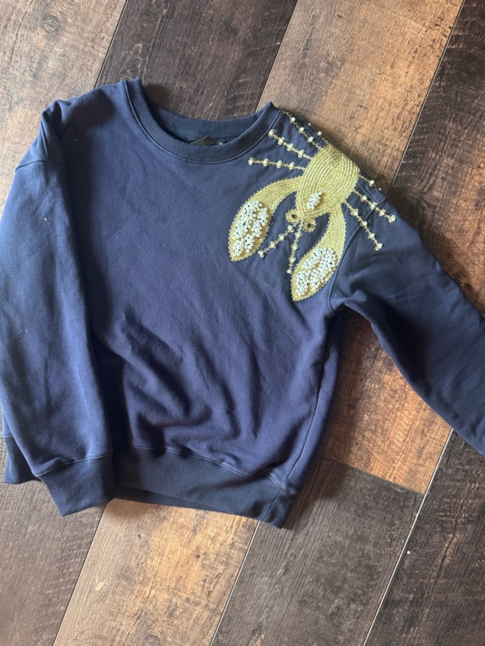 Laines London Beaded Lobster Sweatshirt Navy Crewneck Size M Preppy Coastal